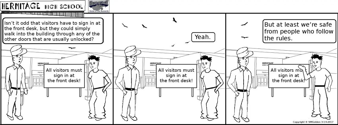 Comic strip: Visitors must sign in