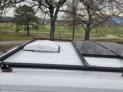 2016 Promaster 1500 136WB Roof 03 -Upper Rear- Unaka Rack, Solar Panels, and MaxxFan